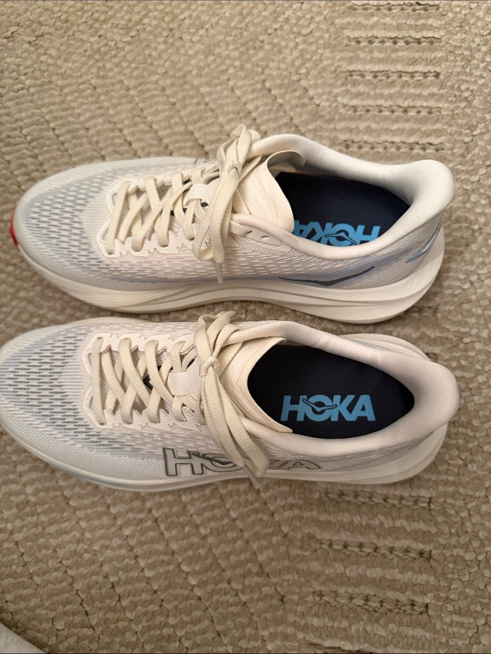Hoka Men's White Running Shoes with Light Blue Accents and Red Toe - Picture 4 of 6